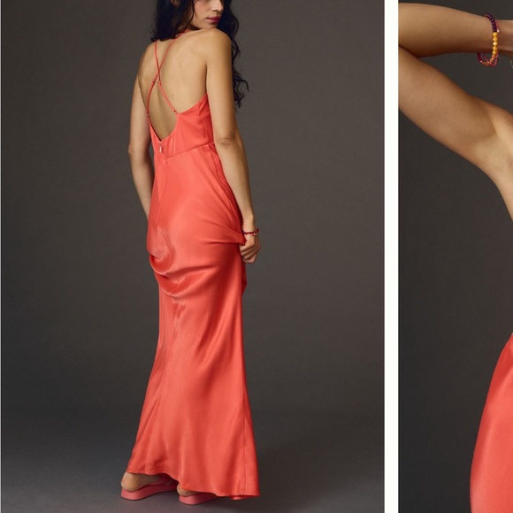 NWT Anthropologie Plunge Deep V-Neck Orange Satin Slip Maxi Dress Gown - Picture 2 of 5